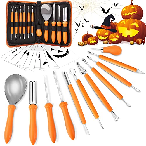 Alintor Kürbis Schnitzset, 11 Stück Schnitzwerkzeug Kürbis, Kastanienbohrer Kinder, Kürbis Schnitzset Kinder, Halloween Schnitzen Set (10 Vorlagen)