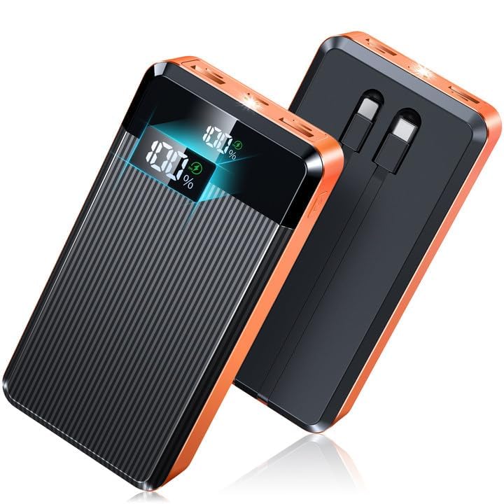 40000mAh Power Bank PD 22,5W Powerbank Tragbares Ladegerät Schnelles Aufladen mit 2 Integrierten Kabeln & 5 Anschlüssen, Externer Akku mit LED Anzeige und Taschenlampe für Smartphones (Orange)