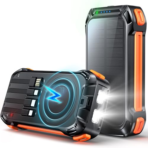 Wireless Solar Powerbank 26800mAh mit 4 Kabeln,30W USB C Power Bank Schnellladefunktion tragbares Ladegerät 7 Ausgänge, Externer Akku mit SOS Taschenlampe für Handy Tablets Outdoor Camping (Orange)