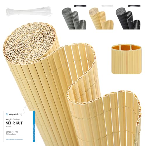 Sekey PVC Sichtschutzmatte 80x500cm Doppelte Verstärkung Innen, Balkon Sichtschutz mit Kabelbindern, Sichtschutzzaun Windschutz Wasserdicht ohne Bohren für Balkon Garten, Bambus