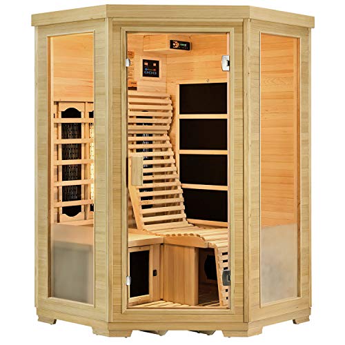 Artsauna Infrarotkabine Aalborg Triplex - 120x120x190 cm - 2 Personen - mit Relaxliege, Sitzbank, LED Farblicht & Glastür - Hemlock Holz Infrarotsauna