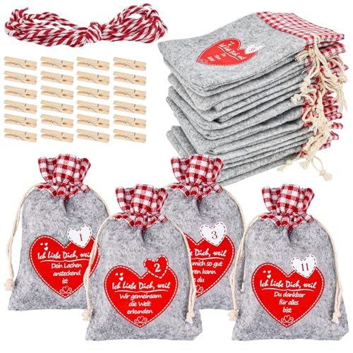 HEKOBAG 24 Stück Adventskalender zum Selbst Befüllen Weihnachtskalender Säckchen Stoff Adventskalender Stoffbeutel Jutebeutel 10 * 15cm Adventskalender Stofftüten mit Holzklammern Schnur für Frauen