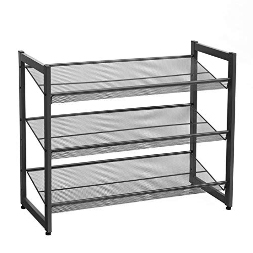 SONGMICS 3 Ebenen Metall-Schuhregal, Meshregal, verstellbare Ablage flach oder abgewinkelt Regalböden, stapelbares Lagerregal für Flur, Eingangsbereich, 74 x 62,8 x 30,7 cm, schwarz, LMR03B