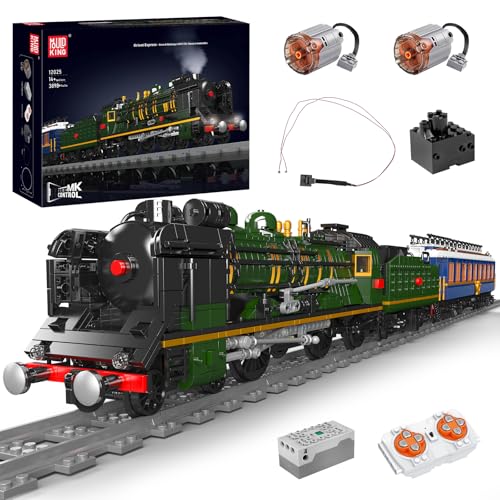 Mould King 12025 Technik Zug Modell Bausteine, 3898 Teile Dampflokomotive Zug Bausatz mit Eisenbahn und LED Licht Beleuchtung Klemmbausteine Bausatz