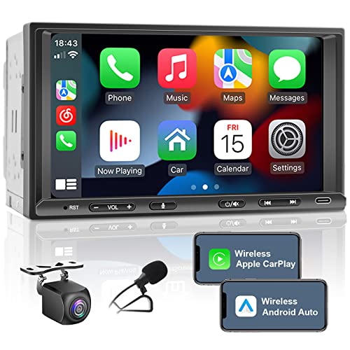 Doppel Din Radio mit Wireless CarPlay & Wireless Android Auto, Autoradio mit Navi 7 Zoll Bildschirm, Auto Radio Touch Display mit Bluetooth, Mirror Link, AM/FM, Rückfahrkamera USB/AUX…