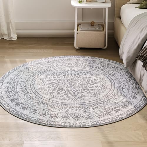 SONGMICS HOME Teppich rund, Outdoor Teppich, Boho, 120 cm d, waschbar, rutschfest, Floral Vintage, für Wohnzimmer, Esszimmer, Schlafzimmer, Optik, Garten, Terrasse, Balkon, Taubengrau TAR051G01