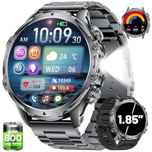 SUNKTA Militär Smartwatch Herren,1,85'' HD-Display/800 mAh Akku Sportuhr mit Taschenlampe/100+ Sportmodi,IP68 Wasserdicht Fitnessuhr mit Herzfrequenz,SpO2,Schlafmonitor für Android/iOS 2 Armbänders