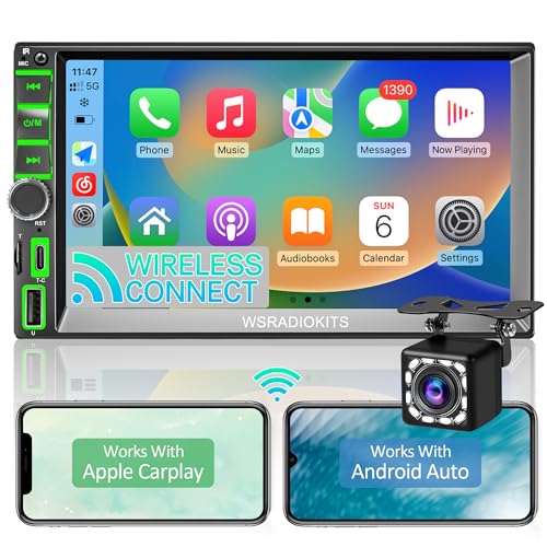 [Upgrade] Wireless Autoradio 2 Din with Carplay,Android Auto,Bluetooth Hands-Free,Voice Control,Mirror Link,Media Receiver,HD Touchscreen 7 Inches,Reversing Camera,A/FM/USB/Type-C,GPS,SWC,Car Radio