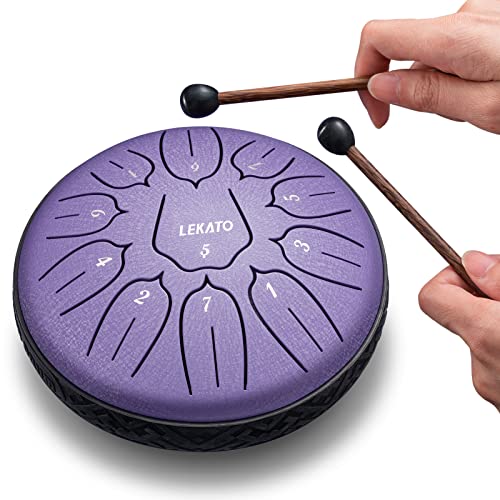 LEKATO Steel Tongue Drum, 6 Zoll 11 Tone D-Dur Zungentrommel Schlagzeug Anfänger, Steel Pan Töne Schlaginstrument, Hand Pan Drum für Meditation Yoga Klangheilung, Lavendel Lila