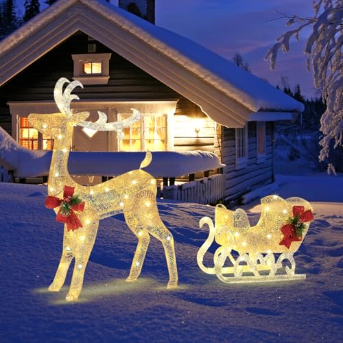 SOARS Led Rentier Outdoor mit Schlitten, beleuchtete Rentier mit 100 warmweißen Lichtern, 122cm Weihnachtsrentier Weihnachtsdeko Weihnachtsfigur für Außen und Innen, inkl. Erdspießen