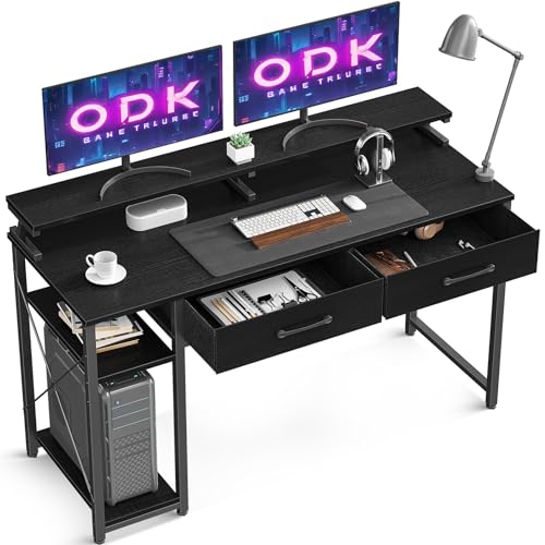 ODK Schreibtisch mit 2 Schubladen, Computertisch mit Regalen und Monitorständer, Bürotisch mit Bücher Regal, Gaming Tisch Klein PC-Tisch Officetisch für Home Office(Schwarz, 120x50x87cm)