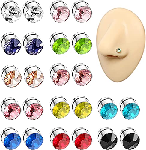 LOLIAS 12-15 Stücke Magnet Ohrringe Herren Damen Edelstahl Fake Piercing Clip auf CZ Ohrringe Bunte Fake Nasenpiercing Ohrstecker Set