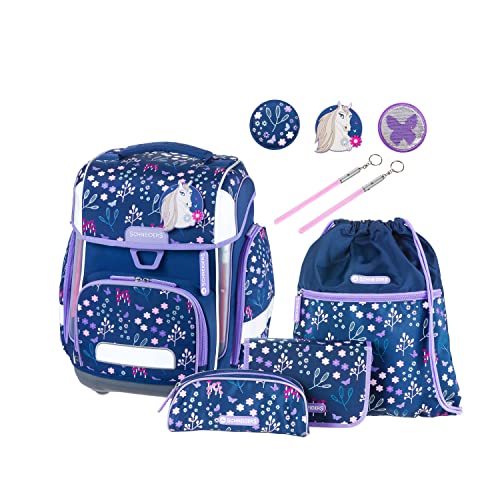 Schneiders 78394-072 - Schulranzen Ergolite Bloom, 9-teiliges Set mit Schultasche, Federmäppchen, Schlamper, Sportbeutel, 3 Klett-Motiven und 2 Leuchtstäben