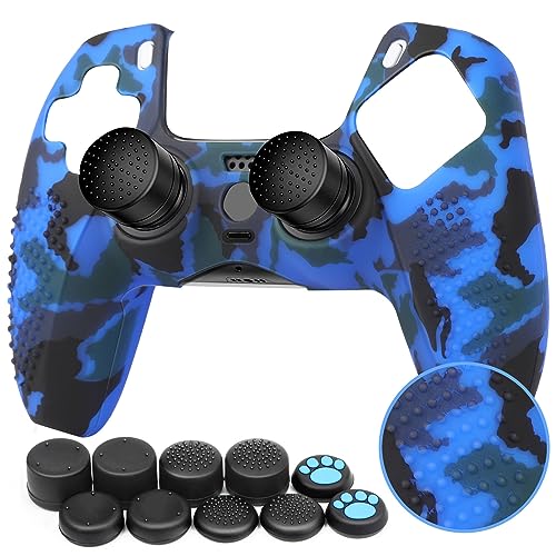 Benazcap Silikon-Schutzhülle für PS5 DualSense Controller, 1 x PS5 Controller, 10 x Daumengriff, Camouflage Blau
