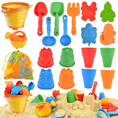 Sotodik 19 Stück Sandspielzeug Set, Reise Sandspielzeug mit Faltbarer Eimer Kinder, Sandkasten Strand Spielzeug Sandförmchen, Outdoor Spielzeug für Kinder Jungen Mädchen Alter 3 4 5 6 7+