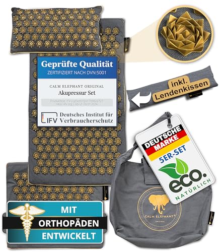 CALM ELEPHANT ORIGINAL Akupressurmatte XXL Set für Einsteiger + Lendenkissen: GENUINE 5-teilig (+Kissen, Fußmatte & Tragetasche) – Akupunktur Matte lindert Verspannungen, Rückenschmerzen, Stress, grau