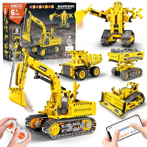 HOGOKIDS Technik Ferngesteuert Bauspielzeug für Kinder - 5 in 1 RC Technic mit App & Fernsteuerung Bulldozer/Bagger/Roboter/Muldenkippe/Hebebühne LKW Geschenke für 6-12+ Jahre alte Jungen Mädchen