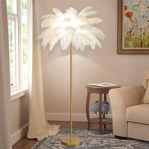 KOSHSH Feder Stehleuchte, Federlampen LED Stehleuchte mit Goldfinish, Straußenfeder Stehlampe Elegante Federlampe für Schlafzimmer und Wohnzimmer mit Fußschalter dimmbar, H : 160cm (White)