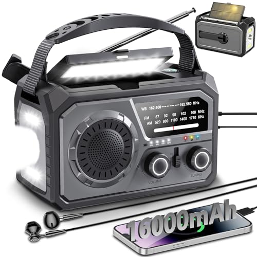 16000mAh/59200mWh Kurbelradio,Tragbares Notfallradio mit Kurbel,AM/FM Solar Radio mit Handyladefunktion SOS Alarm/Kopfhöreranschluss/Leseleuchte/Kompass für Camping Outdoor Notfall