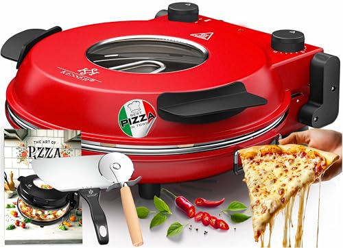 KESSER® Pizza-Ofen elektrisch bis 400 Grad | Elektrischer Pizzabäcker 1200W mit feuerfester Steinplatte & Timer Durchmesser 32cm | 5 Heizstufen & Sichtfenster | inkl. Pizzaschneider & Rezeptbuch