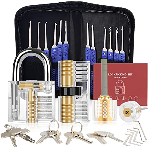 Diyife 36 Stück Lockpicking Set, [Schwierigkeit Upgrade] Dietrich Set mit 4 Transparente Schlösser und 4 Schwarze Verschlusshülsen, Handbuch für Anfänger und Professionelle Schlosser - Blau