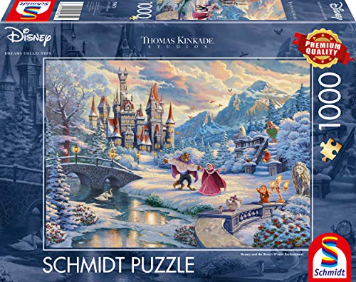 Schmidt Spiele 59671 Thomas Kinkade, Disney, Die Schöne und das Biest, Zauberhafter Winterabend, 1000 Teile Puzzle