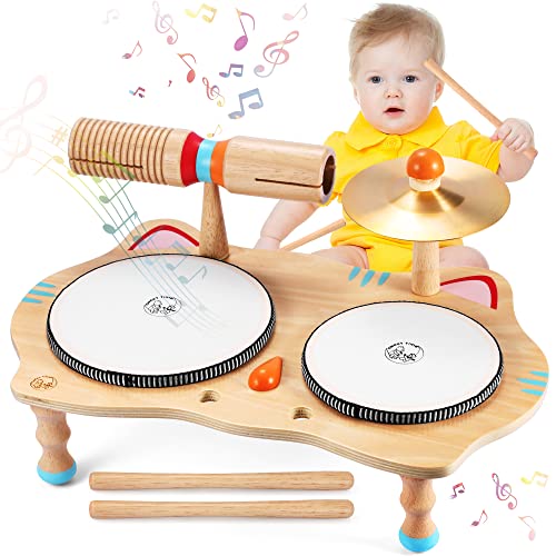 Sweet time Kinder Trommel Set, Musikinstrumente Kinder Spieltisch Baby Spielzeug Musik Schlagzeug für Kleinkinder, Holz Spielzeug Baby Musikspielzeug Lernspielzeug für Jungen Mädchen ab 1 2 3 Jahren