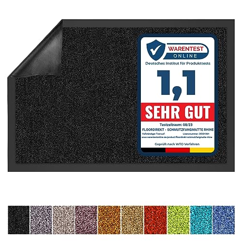 Floordirekt Schmutzfangmatte Rhine - waschbare & leistungsstarke Fußmatte - Sauberlaufmatte mit Rutschfester Rückseite - Türmatte für den Eingangsbereich (Schwarz, 60 cm x 90 cm)