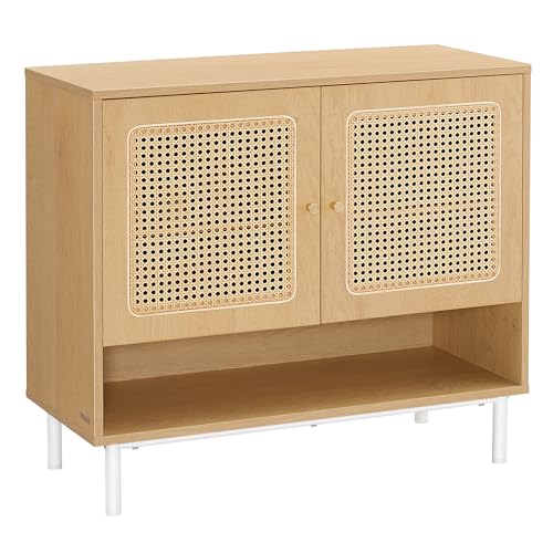 VASAGLE Schuhschrank, Schuhregal 3 Ebenen, Schuhaufbewahrung, mit Türen im Rattan-Look, höhenverstellbare Ablage, Schrank, Aufbewahrungsschrank Stahlbeine, Boho-Stil, eichenbeige LBC049N01