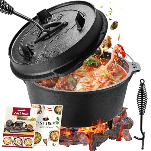 OVERMONT Dutch Oven Gusseisen Topf - Eingebrannter Feuertopf mit Füßen 2in1 Deckel Rezeptbuch und Deckelheber - für Abenteuer Garten Lagerfeuer Camping Größe M