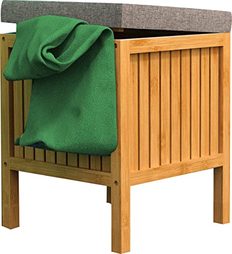 EISL BMBA02-WKBH Bambus Badhocker mit Wäschesammler, Wäsche Hocker mit Sitzfläche, Badezimmer Hocker Holz, Badmöbel zum Sitzen, Hellbraun, (B x H x T): ca. 39 x 52 x 39 cm