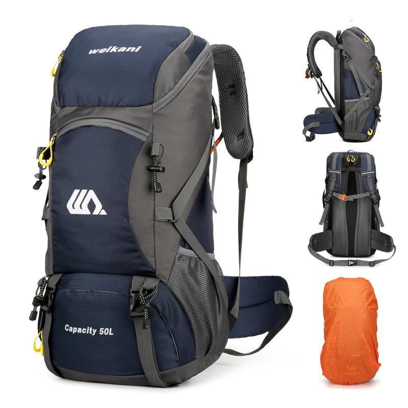 Mingfuxin Wanderrucksack 50L, Herren Damen Wasserdichter Trekkingrucksack Reiserucksack Outdoor Wandern Rucksack Mit Regenabdeckung, Backpacker rucksack Für Wandern, Bergsteigen, Camping, Reisen Sport