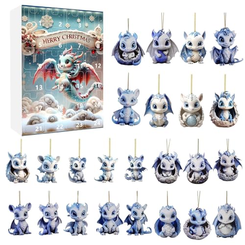 2024 Drache, Baby Drache Weihnachten, Baby Born Adventskalender 20 4 Tag Weihnachten Countdown Kalender mit 2D Flach Acryl Baby Drachen Anhänger für Kinder Erwachsene