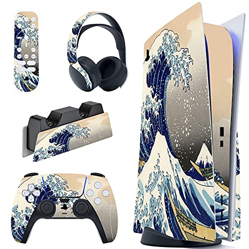 PlayVital Skin für ps5 Konsole Standard Disc Edition,Decal Sticker Aufkleber Vinyl-Skin Schutzfolie Folie für PS5 Konsole,Controller,Ladestation,Headset,Medienfernbedienung-(Große Welle)