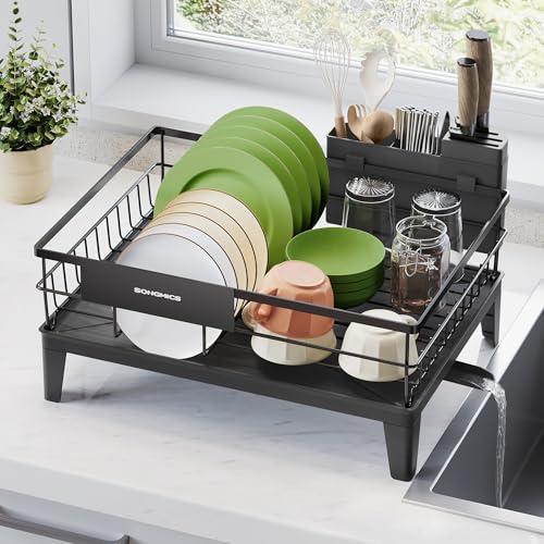 SONGMICS Abtropfgestell Geschirr, Geschirr-Abtropfständer, 360° drehbarer und ausziehbarer Ablauf, Abtropfschale, Besteckhalter, Küche, 31 x 42 x 18,5 cm, tintenschwarz KCS550B01