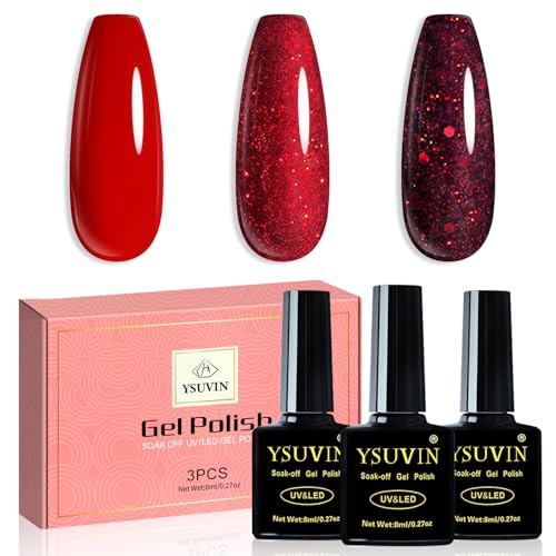 YSUVIN UV Nagellack Rot, 3 Farben Rot Glitzer Gel Nagellack Soak-Off UV Gellack für Frauen Home DIY Nail Art Maniküre Salon, Langlebig, 8ML