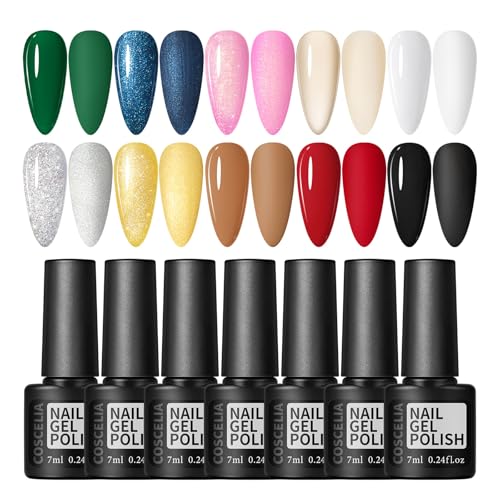 COSCELIA UV Nagellack Set 10 Farben Gel Nagellack Gellack UV Farbgel Set Weiß Schwar Rot Grün Starter Set für Nagelstudio Nagel Set 7ML