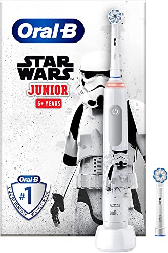 Oral-B Junior Star Wars Elektrische Zahnbürste/Electric Toothbrush für Kinder ab 6 Jahren, 2 Aufsteckbürsten, 360°-Andruckkontrolle, 2 Putzmodi inkl. Sensitiv Zahnpflege, weiche Borsten, Timer, weiß