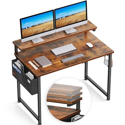 ODK Schreibtisch mit Monitorständer Höhenverstellbar, Computertisch mit Aufbewahrungstasche, PC Tisch mit Kopfhörer Halter, Kleiner Bürotisch Officetisch für Home Office (100x50x74cm, Braun)