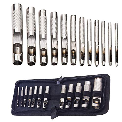 12er Locheisen, Locheisensatz, Hohl Punch Set, Runde Locher Cutter Leder Punch Werkzeug für Leder Uhrenarmbänder Gürtel Leinwand Öse Papier Kunststoff 3-19mm (Rostfreier Edelstahl)