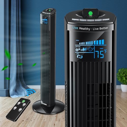 FOHERE Leiser Turmventilator, 91CM Oszillierender Stand Ventilatoren mit Kühlung Fernbedienung, 12-Stunden-Timer und Schlafmodus, Tragbarer Ventilator ohne Flügelfür Schlafzimmer, Schwarz