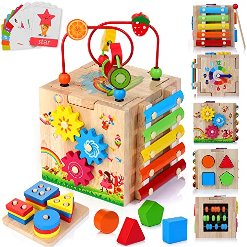 HELLOWOOD Motorikwürfel Aktivitätswürfel aus Holz 8 in 1 Motorikspielzeug mit Stapel- und Sortierbrett Wort Karten(Auf Englisch) Montessori Lernspielzeug für Kleinkinder Baby ab 12 Monaten