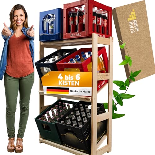 STAHLMANN® Getränkekistenregal für 4-6 Kisten [GEEIGNET FÜR Jede KISTENSORTE] - inkl. multifunktionale Ablage - Robustes Getränkeregal aus hochwertigem Kiefernholz - Standfestes Kistenregal