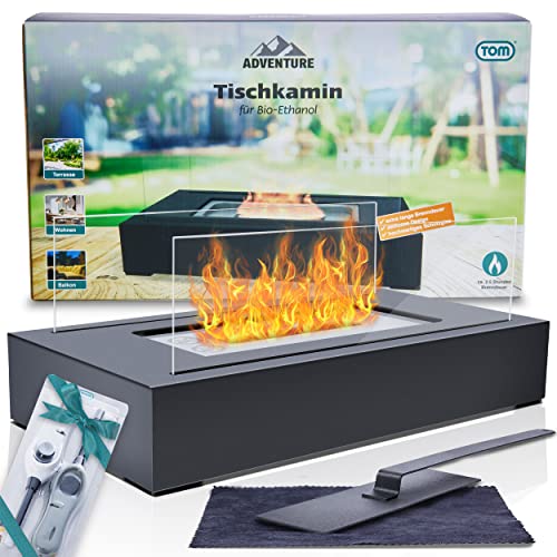 TOM Bioethanol 7tlg Tischkamin Set – Tischkamin für Indoor & Outdoor – Tischfeuer mit 150 min Brenndauer, Flammenlöscher, Reinigungstuch Plus Geschenk – Rußfrei & geruchslos Tisch-Kamin