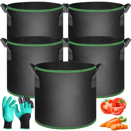 SaiXuan Schwarze Pflanzbeutel, 5 Stück, 30 L Pflanzsäcke für Kartoffeln, Tomaten, Karotten, Erdbeeren, Blumen, Verstärkten Griffen, Gartenhandschuhe, für Balkon, Garten, Terrasse, Gewächshaus