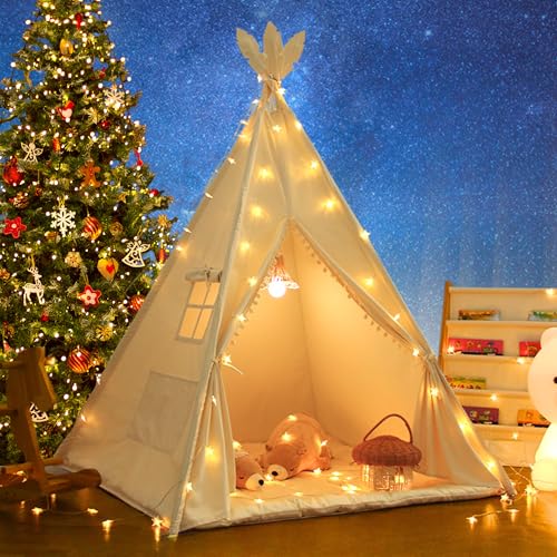 LIONHERZ® DAS ORIGINAL Tipi Zelt für Kinder aus 100% Baumwolle mit Federdeko, Kuschelmatte, Stabilisator, Tragetasche [Stabil] Tippi Kinderzelt Teepee Spielzelt (Cremeweiß)