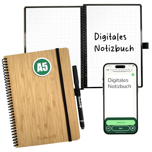 BAMBOOK - A5 Digitales Notizbuch mit Stift - Bambus-Holz Hardcover– Kariertes Whiteboard-schreibbuch – Elektronisches Notizbuch zum Schreiben, Scannen & Löschen