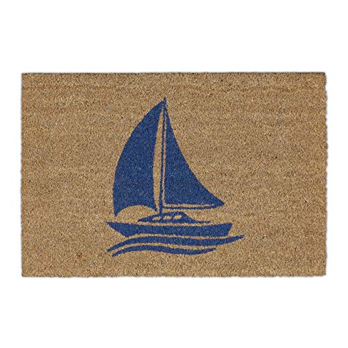 Relaxdays Fußmatte Kokos, mit Segelschiff-Motiv, Türmatte außen & innen, Maritime Kokosmatte, BxT: 60x40 cm, Natur/blau