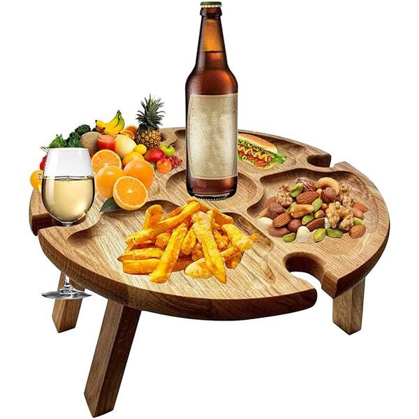 Torribaly Tragbarer Picknicktisch, Mini Campingtisch Rund Gartentisch Klappbar Snackbox, Couchbar Snackspender, Betttablett Sofatablett Tablett mit Füßen für Reisen Camping Picknick Strand, 24cm