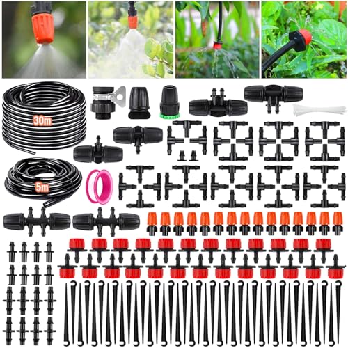 Garten BewässerungsSystem, 185Pcs Garten Bewässerung Kit, 30M+5M Tropfbewässerungszubehör DIY -Bewässerungssystem mit einstellbarer Sprühdüse,Garten,Gewächshaus,Flower Bed,Terrasse Pflanzen